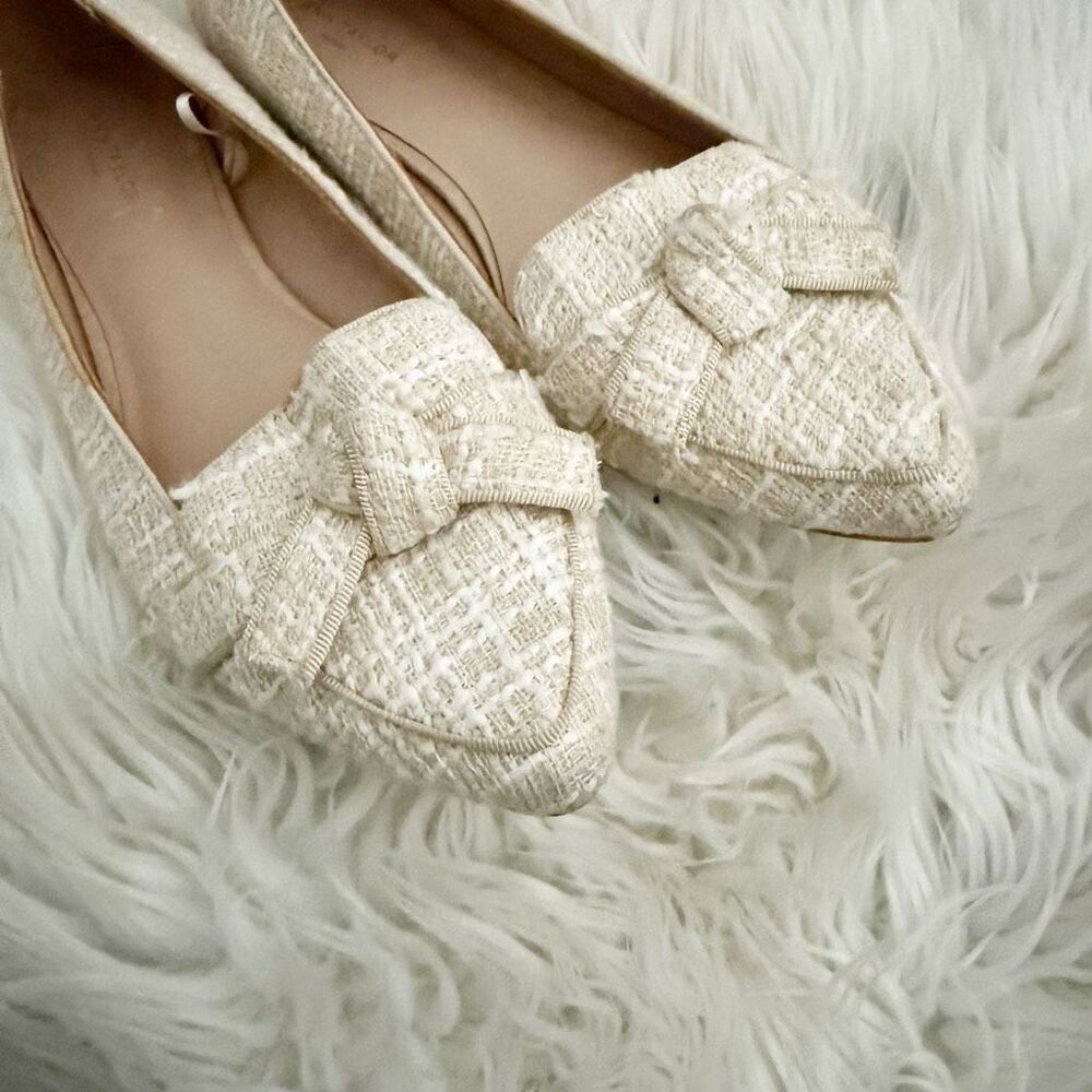 ANN TAYLOR | Textile Upper Plaid Off White Tan Bow Loafers Tweed Flats | 8.5 - Picture 3 of 7